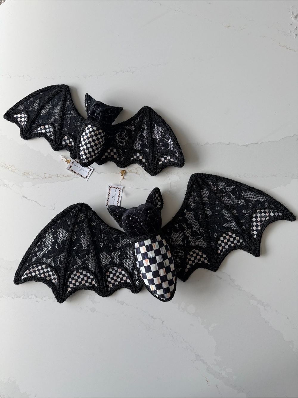 Mackenzie-Childs Haunted House Hanging Black Velvet and Check Bats, Set of 2